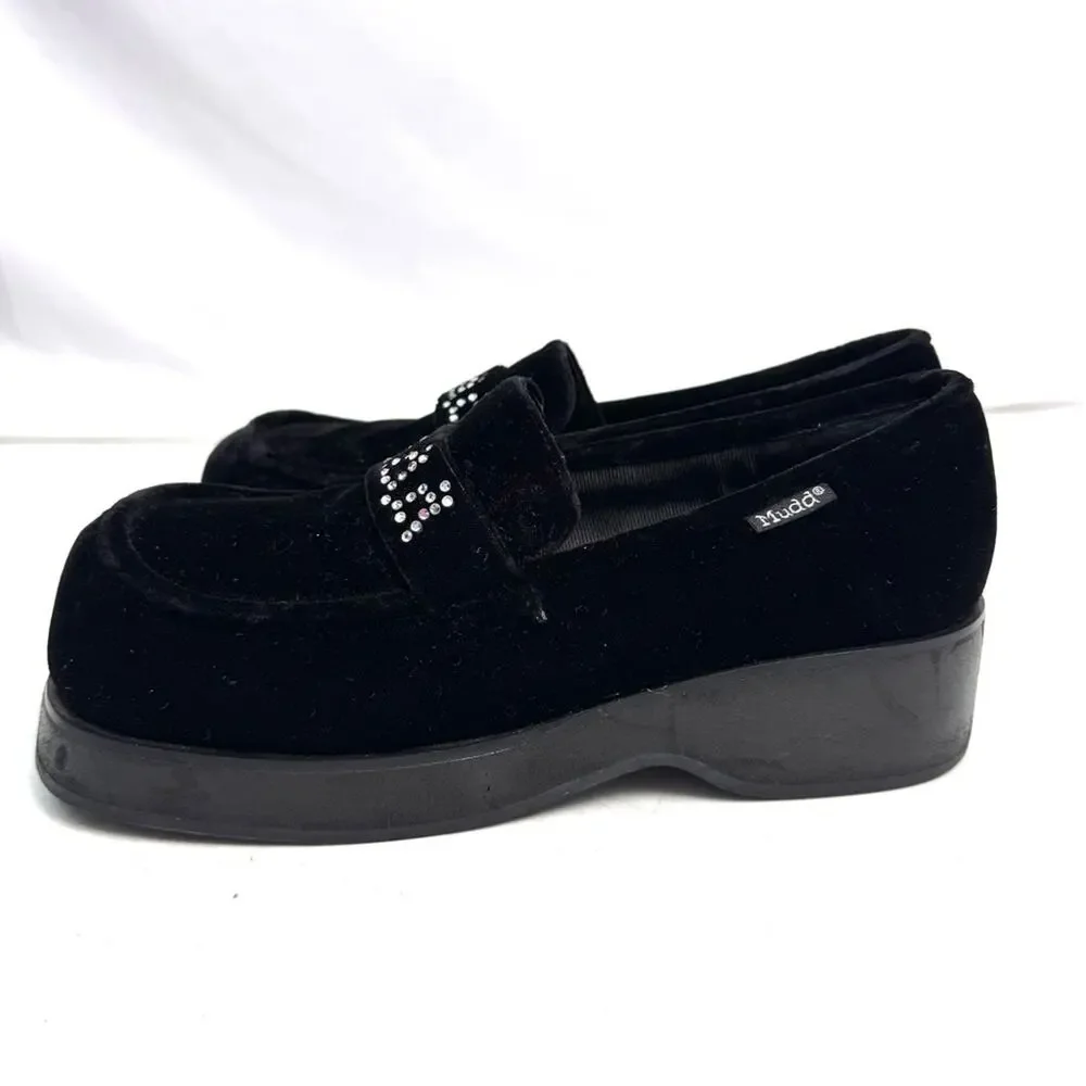 Vintage Y2K Black Velvet Platform Rhinestone Loafers Size 7.5 - Picture 3 of 7